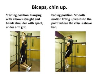 Biceps, chin up. Starting position: Hanging with elbows straight and hands shoulder with apart, under arm grip. Ending position: Smooth motion lifting upwards to the point where the chin is above bar. 