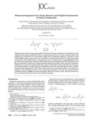 Photorearrangement of r-Azoxy Ketones and Triplet Sensitization
                                 of Azoxy Compounds

                      Paul S. Engel,*,‡ Konstantin P. Tsvaygboym,‡ Sergei Bachilo,‡ William B. Smith,†
                                   JinJie Jiang,§ Colin F. Chignell,§ and Ann G. Motten§
                          Department of Chemistry, Rice University, P.O. Box 1892, Houston, Texas 77005,
                        Department of Chemistry, Texas Christian University, Fort Worth, Texas 76129, and
                  Laboratory of Pharmacology and Chemistry, National Institute of Environmental Health Sciences,
                                          Research Triangle Park, North Carolina 27709

                                                                     engel@rice.edu

                                                               Received October 15, 2004




             Although some aspects of azoxy group radical chemistry have been investigated,1 unhindered R-azoxy
             radicals remain poorly understood. Here we report the generation of R-azoxy radicals under mild
             conditions by irradiation of R-azoxy ketones 4a,b. These compounds undergo R-cleavage to yield
             radicals 5a,b, whose oxygen atom then recombines with benzoyl radicals to produce presumed
             intermediate 15. Formal Claisen rearrangement gives R-benzoyloxyazo compounds 8a,b, which
             are themselves photolabile, leading to both radical and ionic decomposition. The ESR spectrum of
             5a was simulated to extract the isotropic hyperfine splitting constants, which showed its resonance
             stabilization energy to be exceptionally large. Azoxy compounds have been found for the first time
             to be good quenchers of triplet excited acetophenone, the main sensitized photoreaction of 7Z in
             benzene being deoxygenation. While this reaction has been reported previously, it was always in
             hydrogen atom donating solvents, where chemical sensitization occurred. The principal direct
             irradiation product of 4bZ and model azoxyalkane 7Z is the E isomer, whose thermal reversion to
             Z is much faster than that of previously studied analogues.



Introduction                                                                    Several years ago, we reported that γ-azoxy radical 1
   Despite its occurrence in a number of biologically active                  generated from a perester precursor undergoes fragmen-
molecules,2-7 the azoxy functional group has received less                    tation to ethylene with a rate constant below 2 × 105 s-1
attention than its lower oxidation state analogue, the                        at 120 °C.9 Mysteriously, we were unable to find any
aliphatic azo group.8 The latter is a widely used source
of free radicals, but as pointed out in a recent review,1
the radical chemistry of azoxy compounds is relatively
sparse.
  ‡  Rice University.
  †  Texas Christian University.
  §  National Institute of Environmental Health Sciences.
   (1) Engel, P. S.; Duan, S.; He, S.-L.; Tsvaygboym, K.; Wang, C.-R.;
Wu, A.; Ying, Y.-M.; Smith, W. B. Arkivoc 2003, 12, 89-108.
   (2) Brough, J. N.; Lythgoe, B.; Waterhouse, P. J. Chem. Soc. 1954,
4069-4079.
   (3) Matsumoto, H.; Nagahama, T.; Larson, H. O. Biochem. J. 1965,
95, 13C-14C.                                                                  product attributable to the expected R-azoxy radical 2,
   (4) Fujiu, M.; Sawairi, S.; Shimada, H.; Takaya, H.; Aoki, Y.; Okuda,      also named hydrazonyl oxide 3. On the other hand,
T.; Yokose, K. J. Antibiot. 1994, 47, 833.
   (5) Ohwada, J.; Umeda, I.; Ontsuka, H.; Aoki, Y.; Shimma, N. Chem.
Pharm. Bull. 1994, 42, 1703-1705.                                               (8) Engel, P. S. Chem. Rev. 1980, 80, 99-150.
   (6) Parry, R. J.; Li, Y.; Lii, F.-L. J. Am. Chem. Soc. 1992, 114, 10062.     (9) Engel, P. S.; He, S.-L.; Wang, C.; Duan, S.; Smith, W. B. J. Am.
   (7) LaRue, T. A. Lloydia 1977, 40, 307-321.                                Chem. Soc. 1999, 121, 6367-6374.

                                                                                       10.1021/jo040274v CCC: $30.25 © 2005 American Chemical Society
2598       J. Org. Chem. 2005, 70, 2598-2605                                                                        Published on Web 02/25/2005
 