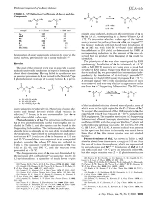 Photorearrangement of R-Azoxy Ketones

TABLE 1. UV Extinction Coefficients of Azoxy and Azo
Compounds




       compd                   (313 nm)                  (366 nm)
     4a                         128                       16                energy than biphenyl, decreased the conversion of 4a to
     4bZ                        830                       22                8a by 18.1%, corresponding to a Stern-Volmer kqτ of
     8a                           4.7                     26                1.77. To determine whether R-cleavage of the ketone
     8b                         212                       80
     6                           32                        1.9              moiety was on the pathway from 4a to 8a, we trapped20,21
     7Z                         262                        7.7              the benzoyl radicals with tert-butyl thiol. Irradiation of
     PhCOMe                      41                        6.7              4a at 313 nm with 0.16 M tert-butyl thiol afforded
                                                                            benzaldehyde in 25% yield, as determined by NMR. A
                                                                            corresponding reduction in the amount of 8a was ob-
bromination of azoxy compounds is known to occur at the                     served but no product from trapping of 5a could be
distal carbon, presumably via R-azoxy radicals.3,10                         identified.
                                                                              The photolysis of 4a was also investigated by ESR
Results                                                                     spectroscopy. Irradiation of 4a in toluene-d8 at +8 °C
  The goal of the present work was to generate R-azoxy                      with a full 500 W mercury arc lamp gave a weak but
radicals under mild conditions in hopes of learning more                    structured ESR signal. Suspecting that the signal was
about their chemistry. Having failed to synthesize azo                      due to radical 5a, we generated this intermediate inde-
or perester precursors to 2, we turned to the Norrish Type                  pendently by irradiation of di-tert-butyl peroxide22,23
I photochemical cleavage of R-azoxy ketone 4, a previ-                      containing tert-butyl(ONN)azoxy-2-propane 9 at -78 °C.
                                                                            A stronger signal ∼60 G wide containing about 37 lines
                                                                            was observed and was very similar in appearance to the
                                                                            one from 4a (cf. Supporting Information). The GC trace




                                                                            of the irradiated solution showed several peaks, none of
ously unknown structural type. Photolysis of some phe-                      which were in the right region for the C-C dimer of 5a.9
nones and benzyl ketones yields alkyl radicals in                           To support the assignment of the ESR signals to 5a, the
solution;11-17 hence, it is not unreasonable that 4a-c                      experiment with 9 was repeated at -50 °C using better
might also exhibit R-cleavage.                                              ESR equipment. The superior resolution (cf. Supporting
   Photochemistry of 4a. The extinction coefficients of                     Information) allowed isotropic simulation (correlation
4a at two photochemically useful wavelengths are in-                        coefficient 0.926) with the program WinSim,24 which led
cluded in Table 1, and the spectra can be found in the                      to the following splitting constants: N1 13.75 G, N2 1.91
Supporting Information. The bichromophoric molecule                         G, 3H 5.64 G, 3H 5.12 G. A second radical was present
absorbs twice as strongly as the sum of its two individual                  in the spectrum but since its intensity was much lower
chromophores, represented by acetophenone and azoxy-                        than that of 5a, this minor species was not studied
tert-butane 6.18 Irradiation of 4a in benzene at 313 nm                     further.
and 25 °C caused clean rearrangement to an unexpected                          Photochemistry of 4bZ. As shown in Table 1, 4bZ
product, azoester 8a, whose UV data are included in                         absorbs about three times more strongly at 313 nm than
Table 1. The quantum yield for appearance of 8a was                         the sum of its two chromophores, which are represented
0.02 at 23, 60, and 100 °C, and the reaction even                           by acetophenone and 7Z.25-27 Irradiation of 4bZ at 313
proceeded at -78 °C.                                                        nm both at 25 and -78 °C gave the intensely yellow 8b,
   The disappearance rate of 4a was not diminished by                       but the major reaction was Z f E photoisomerization
the inclusion of 0.1 M biphenyl19 as quencher, but 0.1 M
1,3-cyclohexadiene, a quencher of much lower triplet                           (20) Brown, C. E.; Neville, A. G.; Rayner, D. M.; Ingold, K. U.;
                                                                            Lusztyk, J. Aust. J. Chem. 1995, 48, 363-379.
                                                                               (21) Colley, C. S.; Grills, D. C.; Besley, N. A.; Jockusch, S.; Matousek,
   (10) Taylor, K. G.; Clark, M. S. J. Org. Chem. 1976, 41, 1141-1145.      P.; Parker, A. W.; Towrie, M.; Turro, N. J.; Gill, P. M. W.; George, M.
   (11) Gould, I. R.; Zimmt, M. B.; Turro, N. J.; Baretz, B. H.; Lehr, G.   W. J. Am. Chem. Soc. 2002, 124, 14952-14958.
F. J. Am. Chem. Soc. 1985, 107, 4607-4615.                                     (22) Kochi, J. K.; Krusic, P. J. J. Am. Chem. Soc. 1968, 90, 7157-
   (12) Lewis, F. D.; Magyar, J. G. J. Org. Chem. 1972, 37, 2102-2107.      7159.
   (13) Heine, H.-G. Jusuts Liebigs Ann. Chem. 1970, 732, 165-180.             (23) Brocks, J. J.; Beckhaus, H.-D.; Beckwith, A. L. J.; Ruchardt,
   (14) Encina, M. V.; Lissi, E. A.; Lemp, E.; Zanocco, A.; Scaiano, J.     C. J. Org. Chem. 1998, 1935, 5-1943.
C. J. Am. Chem. Soc. 1983, 105, 1856-1860.                                     (24) http://epr.niehs.nih.gov/.
   (15) Leopold, D.; Fischer, H. J. Chem. Soc. Perkin Trans. 2 1992,           (25) Nelson, V.; Serianz, A.; Kovacic, P. J. Org. Chem. 1976, 41,
513-517.                                                                    1751-1754.
   (16) Turro, N. J.; Mattay, J. Tetrahedron Lett. 1980, 1799-1802.            (26) Zawalski, R. C.; Kovacic, P. J. Org. Chem. 1979, 44, 2130-
   (17) De Mayo, P.; Ramnath, N. Can. J. Chem. 1986, 64, 1293-1296.         2133.
   (18) Freeman, J. P. J. Org. Chem. 1963, 28, 2508-2511.                      (27) Sullivan, F. R.; Luck, E.; Kovacic, P. J. Org. Chem. 1974, 39,
   (19) Wagner, P. J. J. Am. Chem. Soc. 1967, 89, 2820-2825.                2967-2970.

                                                                                                 J. Org. Chem, Vol. 70, No. 7, 2005 2599
 