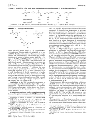 Engel et al.

TABLE 2. Relative GC Peak Areas in the Direct and Sensitized Photolysis of 7Z at 366 nm in Toulene-d8




  a   Conditions: -5 °C, 4 h, 62% of 7Z left unreacted. b Conditions: PhCOMe, -5 °C, 4 h, 58% of 7Z left unreacted.


SCHEME 1.          Photoreactions of 4bZ                                      is the first reported triplet sensitized reaction of an azoxy
                                                                              compound, we examined the azoxy group as a triplet
                                                                              quencher. Acetophenone was chosen as the donor because
                                                                              of its high triplet energy (73.6 kcal/mol),36 its structural
                                                                              similarity to the ketone moiety of 4, and because it is
                                                                              known to phosphoresce in solution.37 Azoxy-tert-butane
                                                                              6 (0.012 M) and phenylazoxy-tert-butane 7Z (0.0021 M)
                                                                              were found to be strong quenchers of acetophenone
                                                                              emission intensity. The quenching rate constant in
                                                                              isooctane was obtained by quenching the triplet lifetime
                                                                              of acetophenone, giving kq values of 9.8 × 108 M-1 s-1 for
                                                                              6 and 4.4 × 109 M-1 s-1 for 7Z.
                                                                                 Since 6 and 7Z proved to be good triplet quenchers,
about the azoxy double bond.28-30 The E isomer (4bE)                          we decided to investigate the triplet sensitized photo-
reverted to the Z isomer 4bZ with a half-life of 14 min                       chemistry of 7Z. Two degassed and sealed NMR tubes
at 50 °C. This behavior supports the structural assign-                       were prepared, one containing 0.0191 M 7Z in toluene-
ment of 4bE but additionally, the chemical shift changes                      d8 and the other containing the same concentration of
in toluene-d8 upon Z-E isomerization (4bZ Me2 1.716                           7Z plus 0.437 M acetophenone. The high concentration
ppm vs 4bE Me2 at 1.377 ppm) are similar to those of                          of acetophenone was needed to make it the main light
7Z f 7E (1.472 vs 0.943 ppm). The magnitude of the                            absorber because the extinction coefficient of 7Z exceeded
upfield shift upon Z f E isomerization is larger than that                    that of acetophenone at 366 nm (cf. Table 1). Irradiating
in the methyl and ethyl analogues.29 Irradiation of 4bZ                       both tubes in parallel for 4 h at 366 nm led to the same
at ambient temperature and 313 nm in acetone-d6 as                            products but in different amounts (cf. Table 2). Whereas
solvent and triplet sensitizer31-34 exhibited the same                        Z f E isomerization was dominant under direct irradia-
rearrangement quantum yield as in toluene-d8. Irradia-                        tion, this process is actually negligible with acetophenone
tionof 4bZ in toluene at -53 °C in the ESR cavity led to                      present. We calculate that 4.6% of the incident light was
a weak signal about 50 G wide consisting of 13 peaks,                         absorbed directly by 7Z in the sensitized experiment, as
which were much broader than those from 4a. This                              compared to 16% in the direct irradiation, where the
spectrum was definitely not due to phenyldiazenyl radi-                       overall absorbance was only 0.073. Since the contribution
cals35 arising from secondary photolysis of 8b. Instead,                      of direct photolysis in the sensitized reaction was 4.6/16
the similarity of the major nitrogen coupling to that of                      ) 29%, the bulk of the 7E seen in the latter case arose
5a suggests that this radical is 5b.                                          by direct irradiation of 7Z.
   Irradiation of 4c. This compound was designed to                              The photoisomer 7E was thermally labile, exhibiting
decarbonylate photochemically but it proved to be quite                       a half-life for reversion to 7Z of 2.3 h at 25 °C. Due to
photostable. Thus 4c upon irradiation with an unfiltered                      steric repulsion, 7E is much more labile than its ethyl
500 W mercury lamp gave neither 8c nor the E azoxy                            analogue, which reverts completely to the Z isomer in 5
isomer but instead slowly decomposed to a mixture of                          h at 110 °C.29 On the other hand, 7E is slightly more
many products.                                                                stable than 10Z, whose half-life for conversion of 10E is
   Triplet Sensitization of Model Azoxy Compounds.                            1.36 h at 25 °C.38 The set 7E, 10Z provides a rare
Because the photorearrangement of 4bZ in acetone-d6                           opportunity to compare the thermal isomerization rate
                                                                              of a cis azoalkane with that of its related azoxy com-
   (28) Taylor, K. G.; Issac, S. R.; Swigert, J. L. J. Org. Chem. 1976,       pound.
41, 1146-1152.                                                                   Deoxygenation was the main process observed under
   (29) Taylor, G. K.; Riehl, T. J. Am. Chem. Soc. 1972, 94, 250-255.
   (30) Bunce, N. J. Can. J. Chem. 1975, 53, 3477-3480.                       triplet sensitization but the fate of oxygen is unknown.
   (31) Engel, P. S.; Schexnayder, M. A. J. Am. Chem. Soc. 1972, 94,          The structure of the deoxygenated product, phenylazo-
4357-4359.
   (32) Engel, P. S.; Schexnayder, M. A.; Ziffer, H.; Seeman, J. I. J.
Am. Chem. Soc. 1974, 96, 924.                                                    (36) Engel, P. S.; Monroe, B. M. In Advances in Photochemistry;
   (33) Warzecha, K.-D.; Leitich, J.; Demuth, M. J. Photochem. Pho-           Pitts, J. N. H.; Hammond, G. S.; Noyes, W. A., Eds.; John Wiley and
tobiol. A: Chem. 2002, 152, 103-108.                                          Sons: New York, 1971; Vol. 8.
   (34) Cristol, S. J.; Kaufman, R. L.; Opitz, S. M.; Szalecki, W.; Bindel,      (37) Takemura, T.; Aikawa, M.; Baba, H. Bull. Chem. Soc. Jpn.
T. H. J. Am. Chem. Soc. 1983, 105, 3226-3234.                                 1974, 47, 2476-2481.
   (35) Suehiro, T.; Tashiro, T.; Nakausa, R. Chem. Lett. 1980, 1339-            (38) Porter, N. A.; Funk, M. O. J. Chem. Soc., Chem. Commun. 1973,
1342.                                                                         263-264.

2600 J. Org. Chem., Vol. 70, No. 7, 2005
 