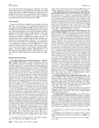 Engel et al.

ionic and homolytic decomposition. However, the yield                    132.2, 127.78, 127.72, 76.1, 68.6, 27.6, 22.5. NMR (toluene-d8)
of benzophenone and benzaldehyde from 8a was much                        δ 198.2, 136.0, 131.8, 128.2, 127.7, 75.8, 68.7, 27.4, 22.6.
higher than that from 8b, indicating that that the C-N                      2-Phenyl(ONN)azoxy-2-benzoylpropane (4bZ), PhCOC-
homolysis pathway is more important in 8a (cf. Scheme                    Me2-NdN(O)-Ph. 2-Benzoyl-2-(N,N-dichloroamino)propane
                                                                         was reacted with 1.1 equiv of nitrosobenzene in MeCN as
2). The R-azo cation from 8b is surely more stabilized
                                                                         described above, except that the nitroso dimer dissociation step
than 19, favoring ionic decomposition of 8b.                             was omitted because nitrosobenzene exists largely as the
                                                                         monomer. The product was purified on silica gel, eluting with
Conclusions                                                              5:1 hexane:ethyl acetate, Rf 0.43. Vacuum drying afforded 325
                                                                         mg (68%) of product that was further purified by recrystalli-
   Despite our failure to identify any products from 5a,                 zation from hot hexane (2 mL), mp 56-58 °C. 1H NMR
5b, their involvement in the photorearrangement of                       (toluene-d8) δ 8.02 (m, 2H), 7.86 (m, 2H), 6.80-6.96 (m, 6H),
R-azoxy ketones 4a, 4bZ to 8a, 8b and their observation                  1.72 (s, 6H). 13C NMR (toluene-d8) δ 197.5, 147.3, 135.5, 132.2,
by ESR shows that sterically unhindered R-azoxy radicals                 131.6, 128.7, 128.2, 127.9, 122.2, 69.6, 22.9.
are viable intermediates. The small hydrogen hyperfine                      2-Amino-2-phenylacetylpropane Hydrochloride, Ph-
                                                                         CH2-COCMe2-NH3Cl. To a mixture of 3-methyl-1-phenyl-
splittings in the ESR spectrum of 5a indicate a very high                2-butene (0.7 g, 4.79 mmol) and isopentyl nitrite (0.77 mL, 5.75
degree of resonance stabilization. Direct or acetone                     mmol) cooled to 5 °C was added dropwise concentrated HCl
sensitized irradiation of 4bZ also induces azoxy Z f E                   (0.96 mL, 11.5 mmol, 12 N). After the solution was stirred for
isomerization, but in model compound 7Z acetophenone                     15 min, the nitroso chloride dimer precipitated as a greenish
triplets cause deoxygenation without Z f E isomeriza-                    solid. This product was washed with a small portion of warm
tion. Azoxy compounds are surprisingly rapid quenchers                   acetone, dried in vacuo, and used in the next step without
of acetophenone triplets. In both 4bZ and 7, steric                      further purification. Yield 0.50 g (49%) of colorless crystals,
                                                                         mp 133-134 °C (lit. mp 136-137 °C).72 The nitroso dimer (0.25
repulsion causes thermal reversion of the E azoxy isomer                 g, 1.18 mmol) was mixed with MeOH:EtOH (3 mL:3 mL) and
to be much faster than in previously reported homo-                      the solution was stirred for 24 h under under 10 psi of NH3 at
logues. Azoesters 8a,b undergo photochemical C-O                         45 °C,73 causing eventual dissolution of the dimer. The solvent
heterolysis in competition with C-N homolysis to 1-acyl-                 was evaporated and the solid was dissolved in 50 mL of 6 M
oxy radicals, which fragment to ketones plus acyl radi-                  HCl by heating to 50 °C. This solution was extracted with
cals.                                                                    ether, and then the aqueous phase was made alkaline with
                                                                         sodium carbonate (note: CO2 evolution!). Upon raising the pH
                                                                         to 10, the color changed from yellow to blue/green. The
Experimental Section                                                     precipitate was dissolved in ether and dried over Na2SO4, and
                                                                         the solvent was evaporated. The residue (190 mg) was found
   2-tert-Butyl(ONN)azoxy-2-benzoylpropane, PhCOC-
                                                                         by NMR to be a mixture of oxime and ketone. A solution of 6
Me2-NdN(O)-Bu-t (4a). A solution of nitroso-tert-butane
                                                                         N aq HCl (10 mL) was added and the mixture was stirred for
dimer (250 mg, 1.43 mmol, 0.8 equiv) in CH3CN (10 mL) was
                                                                         1.5 h at 50 °C. The solvent was evaporated and the residue
stirred for 3.5 h at 25 °C in the dark to allow dissociation to
                                                                         dissolved in a small amount of isopropyl alcohol by heating to
monomer. Meanwhile, a solution of 2-benzoyl-2-aminopropane
                                                                         50 °C. The salt was precipitated by addition of ether, filtered,
hydrochloride71 (795 mg, 3.98 mmol, 1 equiv) in 1.5 N aq HCl
                                                                         and dried in vacuo. Yield 91 mg (36%) of PhCH2-COCMe2-
(12 mL, 4.5 equiv) was added dropwise to a suspension of Ca-
                                                                         NH3Cl, mp 134-141 °C. 1H NMR (MeOH-d4) δ 7.23-7.34 (m,
(OCl)2 (1.424 g, 5.97 mmol, 60 wt %, 1.5 equiv) in CH2Cl2 (24
                                                                         5H), 1.95 (s, 2H), 1.64 (s, 6H). 13C NMR (MeOH-d4) δ 207.0,
mL) and water (24 mL) at 5 °C. After the mixture was stirred
                                                                         134.8, 130.9, 129.7, 128.3, 63.4, 43.1, 23.1.
for 1 h at 5 °C, the organic layer was separated and the water
layer was extracted with CH2Cl2 (2 × 8 mL). The combined                    2-tert-Butyl(ONN)azoxy-2-phenylacetylpropane, Ph-
organic phase was dried over MgSO4, filtered, and concen-                CH2-COCMe2-NdN(O)-Bu-t (4c), was prepared in the same
trated to a yellow oil (0.806 g, 87% yield). The crude N,N-              manner as PhCO-CMe2-NdN(O)-Bu-t. Purification on silica
dichloroamine was light sensitive and was used immediately               gel eluting with 4:1 hexane:ethyl acetate (Rf 0.51) yielded 32
in the next step. 1H NMR (CDCl3) δ 8.23 (m, 2H), 7.56 (m,                mg of clear, oily product (42% based on PhCH2-CO-CMe2-
1H), 7.45 (m, 2H), 1.74 (s, 6H). Following Nelson et al.,25 KI           NH3Cl). 1H NMR (toluene-d8) δ 7.00-7.21 (m, 5H), 3.45 (s, 2H),
(298 mg, 1.79 mmol) was added to the above nitroso-tert-                 1.34 (s, 6H), 1.29 (s, 9H). 13C NMR (toluene-d8) δ 203.8, 137.5,
butane solution at 25 °C, the temperature was lowered to 0               130.3, 128.4, 126.7, 76.1, 69.3, 43.5, 27.8, 21.5.
°C, and the N,N-dichloroamine (416 mg, 1.79 mmol) in MeCN                   Azoxy-tert-butane was made according to the method of
(5 mL) was added. The mixture was stirred for 2-3 h at 5 °C,             Freeman18 and fractionally distilled twice, bp 66 °C/40 mm.
                                                                         1
then the temperature was gradually raised to 25 °C and the                H NMR (C6D6) δ 1.40 (s, 9H), 1.35 (s, 9H). 13C NMR (C6D6) δ
mixture was stirred overnight. Water (50 mL) and ether (25               76.39, 57.83, 28.25, 25.69.
mL) were stirred in and the water layer was separated and                   tert-Butyl(O,N,N)azoxy-2-propane, i-Pr-NdN(O)-Bu-t,9
extracted with ether (2 × 8 mL). The combined organic layer              was synthesized by a modified literature procedure.74 Nitroso-
was extracted with sufficient aq Na2S2O3 (∼312 mg, 1.97                  tert-butane dimer (217.5 mg, 1.25 mmol) in absolute EtOH (2.5
mmol) to change the color from dark brown to light green. After          mL) was stirred for 3 h at 25 °C in the dark. In a separate
drying over MgSO4 and removal of the solvent, the crystalline            vessel, i-PrNHOH‚HCl (290 mg, 2.6 mmol) was added in one
product was purified by silica gel chromatography, eluting with          portion to a solution of KOH (154 mg, 2.75 mmol) in absolute
4:1 hexane:ethyl acetate, Rf 0.52. Solvent evaporation yielded           EtOH (2.5 mL). After brief stirring, the ethanolic suspension
273 mg (61%) of R-azoxy ketone 4a, mp 70.5-71 °C. Further                of i-PrNHOH was added to a dark blue solution of t-BuNO.
purification was effected by recrystallization from a small              The mixture was stirred for 2 h at 25 °C and for 16 h at 38 °C,
amount of MeOH. 1H NMR (CDCl3) δ 7.84 (m, 2H), 7.46 (m,
1H), 7.35 (m, 2H), 1.59 (s, 6H), 1.31 (s, 9H). NMR (C6D6) δ                 (72) Gnichtel, H. e. a.; Beier, M. Justus Liebigs Ann. Chem. 1981,
7.99 (m, 2H), 7.08 (m, 1H), 6.99 (m, 2H), 1.64 (s, 6H), 1.07 (s,         312-316.
9H). NMR (toluene-d8) δ 7.89 (m, 2H), 7.10 (m, 1H), 7.01 (m,                (73) Al-Hassan, S. S.; Cameron, R. J.; Curran, A. W. C.; Lyall, W.
2H), 1.59 (s, 6H), 1.09 (s, 9H). 13C NMR (CDCl3) δ 199.7, 135.0,         J. S.; Nicholson, S. H.; Robinson, D. R.; Stuart, A.; Suckling, C. J.;
                                                                         Stirling, I.; Wood, H. C. S. J. Chem. Soc. Perkin Trans. 1 1985, 1645-
                                                                         1659.
   (71) Zawalski, R. C.; Lisiak, M.; Kovacic, P.; Leudtke, A.; Timber-      (74) Taylor, K. G.; Issac, S. R.; Clark, M. S. J. Org. Chem. 1976, 41,
lake, J. W. Tetrahedron Lett. 1980, 21, 425-428.                         1135-1140.

2604 J. Org. Chem., Vol. 70, No. 7, 2005
 