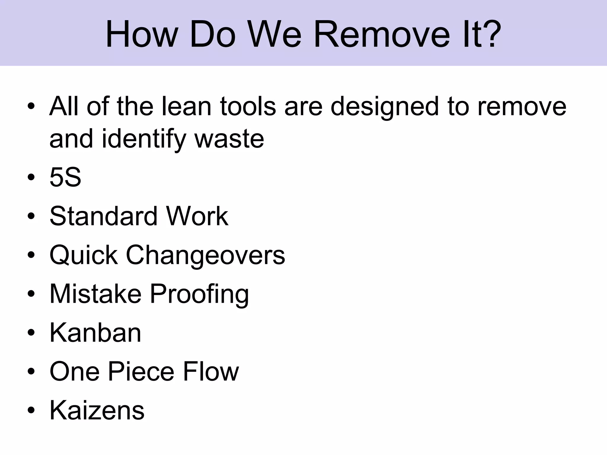 WaitingAssociates waiting for the work to come in..process waiting for completion of a certain activityWaiting for Docs, instructions, approval, information, maintenance, decisions…Common causes:Mismatched production ratesPoor layout, co-ordinationLack of coordination between processesOurs or upstreamInsufficiently staffed