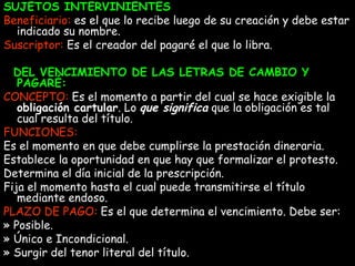 SUJETOS INTERVINIENTES Beneficiario:  es el que lo recibe luego de su creación y debe estar indicado su nombre. Suscriptor:  Es el creador del pagaré el que lo libra.  DEL VENCIMIENTO DE LAS LETRAS DE CAMBIO Y PAGARÉ: CONCEPTO:  Es el momento a partir del cual se hace exigible la  obligación cartular . Lo  que significa  que la obligación es tal cual resulta del título. FUNCIONES: Es el momento en que debe cumplirse la prestación dineraria. Establece la oportunidad en que hay que formalizar el protesto. Determina el día inicial de la prescripción. Fija el momento hasta el cual puede transmitirse el título mediante endoso. PLAZO DE PAGO:  Es el que determina el vencimiento. Debe ser: » Posible. » Único e Incondicional. » Surgir del tenor literal del título. 