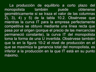 La producción de equilibrio a corto plazo del monopolista también puede obtenerse geométricamente si se traza el valor de las columnas 2), 3), 4) y 5) de la tabla 10.2. Obsérvese que mientras la curva IT para la empresa perfectamente competitiva se obtuvo mediante una línea recta que pasa por el origen (porque el precio de las mercancías permaneció constante), la curva IT del monopolista toma la forma de una U invertida. Obsérvese también que la en la figura 10-2 el nivel de producción en el que se maximiza la ganancia total del monopolista, es inferior a la producción en la que IT está en su punto máximo.   