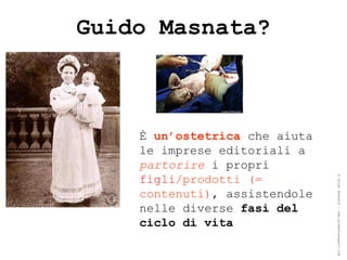 Guido Masnata?



    È un’ostetrica che aiuta
    le imprese editoriali a
    partorire i propri
    figli/prodotti (=




                               ® Guido Masnata – www.promediaexpert.com
    contenuti), assistendole
    nelle diverse fasi del
    ciclo di vita
 