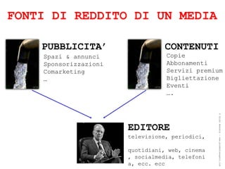 FONTI DI REDDITO DI UN MEDIA

    PUBBLICITA’                  CONTENUTI
    Spazi & annunci               Copie
    Sponsorizzazioni              Abbonamenti
    Comarketing                   Servizi premium
    …                             Bigliettazione
                                  Eventi
                                  ….




                                                 ® Guido Masnata – www.promediaexpert.com
                       EDITORE
                       televisione, periodici,

                       quotidiani, web, cinema
                       , socialmedia, telefoni
                       a, ecc. ecc
 