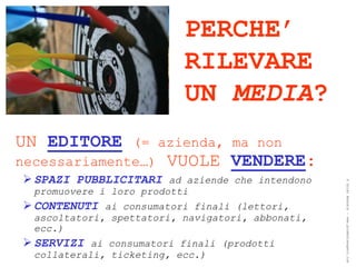 ʷᷡ’
                          RILEVARE
                          UN MEDIA?
UN EDITORE    (= azienda, ma non
necessariamente…) VUOLE VENDERE:
 SPAZI PUBBLICITARI ad aziende che intendono




                                                  ® Guido Masnata – www.promediaexpert.com
 promuovere i loro prodotti
 CONTENUTI ai consumatori finali (lettori,
 ascoltatori, spettatori, navigatori, abbonati,
 ecc.)
 SERVIZI ai consumatori finali (prodotti
 collaterali, ticketing, ecc.)
 
