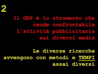 2
    Il GRP è lo   strumento che
          rende   confrontabile
     l’attività   pubblicitaria
            sui   diversi media

         Le diverse ricerche




                                  ® Guido Masnata – www.promediaexpert.com
avvengono con metodi e TEMPI
               assai diversi
 