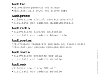 Auditel
•rilevazione presenze per minuto
•risultati alle 10.00 del giorno dopo

Audipress
•rilevazione ricordo testate aderenti
•risultati con cadenza quadrimestrale
Audiradio
•rilevazione ricordo emittente
•risultati con cadenza bimestrale
Audiposter
•rilevazione visibilità impianto nel flusso medio
•risultati per singola campagna/impianto




                                                    ® Guido Masnata – www.promediaexpert.com
Audimovie
•rilevazione presenze per sala
•risultati con cadenza mensile
Audiweb
•Rilevazione circa 300 siti
•risultati con cadenza mensile
 