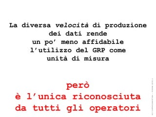 La diversa velocità di produzione
          dei dati rende
      un po’ meno affidabile
     l’utilizzo del GRP come
          unità di misura




                                    ® Guido Masnata – www.promediaexpert.com
          però
 è l’unica riconosciuta
 da tutti gli operatori
 