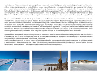 Oculto durante años al omnipresente ojo catalogador de Occidente la tranquilidad parece haberse acabado para la región de Uyuni. Mo-
chileros curiosos como sabuesos en busca del último paraíso escondido, grandes empresas multinacionales que codician el litio boliviano
para la industria electrónica, funcionarios del gobierno de Evo Morales que ven en este oro blanco la oportunidad de desterrar la miseria de
Bolivia, belicosos indígenas cultivadores de Quinua, una legión de tour operadores… Uyuni y su Salar están últimamente por diversas ra-
zones en primera plana del panorama mediático internacional. A pesar de ello pasear unas horas por la devastadora blancura de sus 12.000
kilómetros cuadrados continúa siendo una de las experiencia más impactantes que puede ofrecer ese cofre de las maravillas que es Bolivia.

Situada a cerca de 3.700 metros de altitud, Uyuni constituye una de las regiones más deprimidas de Bolivia, sus pocos habitantes perteneci-
entes a la etnia quechua sobreviven gracias al cultivo de la quinua (cereal básico en la dieta boliviana) y a la explosión que ha vivido en la
región el turismo durante los últimos años. Situado al Oeste de Uyuni el Salar se extiende como una inmensa planicie de un blanco cegador,
un escenario polar en el centro de Bolivia. Mientras los jeeps lo cruzan a toda velocidad el boquiabierto viajero contempla una sucesión de
escenarios irreales como la isla Inkawasi, una formación volcánica repleta de gigantescos cactus que se yergue como una nave fantasmal en
pleno corazón del Salar. Lagunas de colores imposibles, desiertos volcánicos esculpidos por la erosión del discurrir de millares de años. Uyuni
muestra generoso todas sus galas a todo aquel que pueda soportar unos días de incesante traqueteo y dolor de espalda.

En un ambiente tan repleto de hostilidad la arquitectura se muestra una vez más como un milagro. Uno de los principales atractivos de visitar
el Salar es pasar una noche en el denominado Hotel de Sal. Iniciativa turística de gran originalidad creada para explotar al máximo las mara-
villas turísticas de la región venciendo sus durísimas condiciones.
En él todo está compuesto de sal; muros, pilares, su interior también sillas, mesas, tan sólo el techo es de paja. Como un palacio encantado,
el edificio remite a novelas de Tolkien o C.S Lewis, paisajes polares que en algún momento han poblado todos nuestros sueños infantiles
habitados por brujas malvadas, o príncipes hechizados que se transforman en osos polares.
 