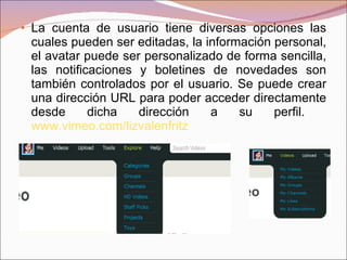 La cuenta de usuario tiene diversas opciones las cuales pueden ser editadas, la información personal, el avatar puede ser personalizado de forma sencilla, las notificaciones y boletines de novedades son también controlados por el usuario. Se puede crear una dirección URL para poder acceder directamente desde dicha dirección a su perfil.  www.vimeo.com/lizvalenfritz   