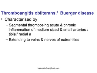 Thromboangitis obliterans /  Buerger disease  Characterised by  Segmental thrombosing acute & chronic inflammation of medium sized & small arteries : tibial/ radial a Extending to veins & nerves of extremities  
