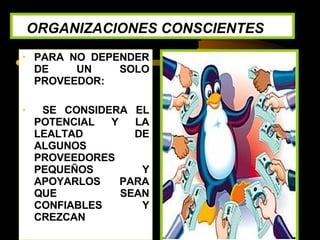 ORGANIZACIONES CONSCIENTES PARA NO DEPENDER DE UN SOLO PROVEEDOR: SE CONSIDERA EL POTENCIAL Y LA LEALTAD DE ALGUNOS PROVEEDORES PEQUEÑOS Y APOYARLOS PARA QUE SEAN CONFIABLES Y CREZCAN 