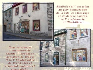 Réalisées à l’occasion du 400 e  anniversaire de la ville, ces fresques se veulent le portrait de l’évolution de l’Hôtel-Dieu. Nous retrouvons l’institution de charité, l’hôpital en gestation de 1825 à 1871, l’hôpital public de 1871 à 1951 et l’hôpital moderne et universitaire. 