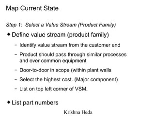 Define value stream (product family) Identify value stream from the customer end Product should pass through similar processes and over common equipment Door-to-door in scope (within plant walls Select the highest cost. (Major component) List on top left corner of VSM. List part numbers Map Current State Step 1:  Select a Value Stream (Product Family) 