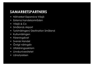SAMARBETSPARTNERS
•    Nätverket Expansiva Växjö
•    Externa handelsområden
•    Växjö & Co
•    Smålands Airport
•    Turistnäringen/ Destination Småland
•    Kulturnäringen
•    Föreningslivet
•    Svensk Handel
•    Övrigt näringsliv
•    Utbildningssektorn
•    Linnéuniversitetet
•    Länsstyrelsen
 