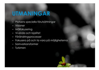 UTMANINGAR
-    Platsens speciella förutsättningar
-    Visioner
-    Målfokusering
-    Vi-anda och lojalitet
-    Förändringsprocesser
-    Fokusera på och ta vara på möjligheterna
-    Samverkansformer
-    Turismen
 