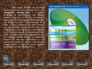 Não muito diferente da tecnologia
Blu-Ray porém bem mais eficiênte, vem o HVD
(Holographic Versatile Disc) é a próxima
tecnologia de discos ópticos, que promete
suceder o Blu-ray e o HD-DVD. As vantagens
deste disco é a sua capacidade, incrível 3.9 TBs ,
que podem ser lidos a uma velocidade de 1
Gbps. O disco é composto por duas camadas,
que são acendidas através de dois lasers, um
verde-azulado (532 nm) e outro vermelho (650
nm). A primeira camada, a acendida pelo laser
verde, contêm a informação propriamente dita,
já a segunda camada contém um índice dos
ficheiros (ou dos seus segmentos) e a sua
posição na camada de dados, o que permite
poupar espaço e têm um ganho bastante
significativo na velocidade de leitura.




  PROCESSO         REFERÊNCIAS        ATIVIDADES     AVALIAÇÃO   CONCLUSÃO   CRÉDITOS
 