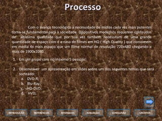 Processo
           Com o avanço tecnológico a necessidade de mídias cada vez mais potentes
 torna-se fundamental para a sociedade. Dispositivos modernos requerem conteúdos
 de altíssima qualidade que por sua vez também necessitam de uma grande
 quantidade de espaço com é o caso de filmes em HQ ( High Quality ) que consomem
 em média 4x mais espaço que um filme normal de resolução 720x480 chegando a
 mais de 1900x1080.
  1. Em um grupo com no máximo 5 pessoas;

  2. Desenvolver um apresentação em slides sobre um dos seguintes temas que será
     sorteado:
      a. DVD-R;
      b. Blu-Ray;
      c. HD-DVD;
      d. HVD;



INTRODUÇÃO    REFERÊNCIAS    ATIVIDADES     AVALIAÇÃO      CONCLUSÃO      CRÉDITOS
 
