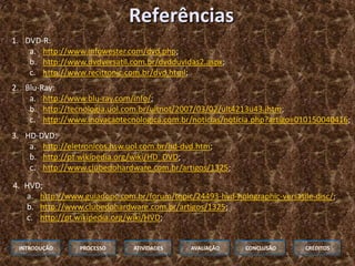 Referências
1. DVD-R:
    a. http://www.infowester.com/dvd.php;
    b. http://www.dvdversatil.com.br/dvdduvidas2.aspx;
    c. http://www.recitronic.com.br/dvd.html;
2. Blu-Ray:
    a. http://www.blu-ray.com/info/;
    b. http://tecnologia.uol.com.br/ultnot/2007/03/02/ult4213u43.jhtm;
    c. http://www.inovacaotecnologica.com.br/noticias/noticia.php?artigo=010150040416;
3. HD-DVD:
    a. http://eletronicos.hsw.uol.com.br/hd-dvd.htm;
    b. http://pt.wikipedia.org/wiki/HD_DVD;
    c. http://www.clubedohardware.com.br/artigos/1325;

4. HVD;
   a. http://www.guiadopc.com.br/forum/topic/24493-hvd-holographic-versatile-disc/;
   b. http://www.clubedohardware.com.br/artigos/1325;
   c. http://pt.wikipedia.org/wiki/HVD;


 INTRODUÇÃO      PROCESSO      ATIVIDADES    AVALIAÇÃO     CONCLUSÃO       CRÉDITOS
 