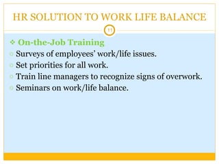 HR SOLUTION TO WORK LIFE BALANCE On-the-Job Training Surveys of employees’ work/life issues. Set priorities for all work. Train line managers to recognize signs of overwork. Seminars on work/life balance. 