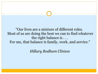 "Our lives are a mixture of different roles.  Most of us are doing the best we can to find whatever the right balance is . . .  For me, that balance is family, work, and service."  Hillary Rodham Clinton   