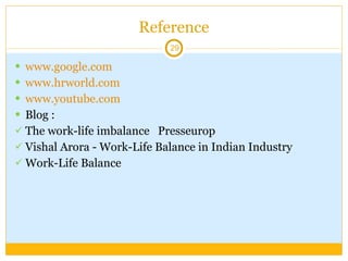 Reference www.google.com www.hrworld.com www.youtube.com Blog : The work-life imbalance  Presseurop Vishal Arora - Work-Life Balance in Indian Industry Work-Life Balance 