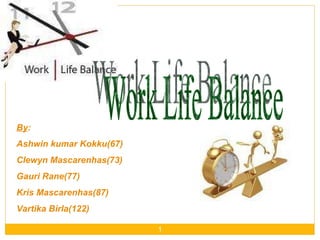 Work Life Balance By : Ashwin kumar Kokku(67) Clewyn Mascarenhas(73) Gauri Rane(77) Kris Mascarenhas(87) Vartika Birla(122) 