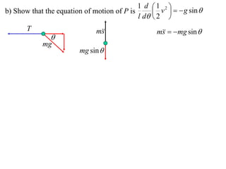 1 d 1 2 
b) Show that the equation of motion of P is       v    g sin 
                                            l d  2 
       T                      m
                               s                  m   mg sin 
                                                   s
               
            mg
                        mg sin 
 