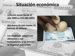 Situación económica Inflación anual desde el año 2000 es 231.000.000%  Una barra de pan cuesta 35 billones de dólares Las empresas  pagan con alimentos a sus trabajadores, y los precios se duplican mes a mes. 