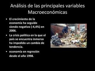 Análisis de las principales variables Macroeconómicas El crecimiento de la economía ha seguido siendo negativo (-4,4%) en 2006. La crisis política en la que el país se encuentra inmerso ha impedido un cambio de tendencia.  economía en regresión desde el año 1998.   
