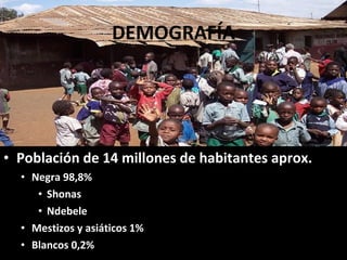 DEMOGRAFÍA Población de 14 millones de habitantes aprox.  Negra 98,8% Shonas  Ndebele  Mestizos y asiáticos 1%  Blancos 0,2% 