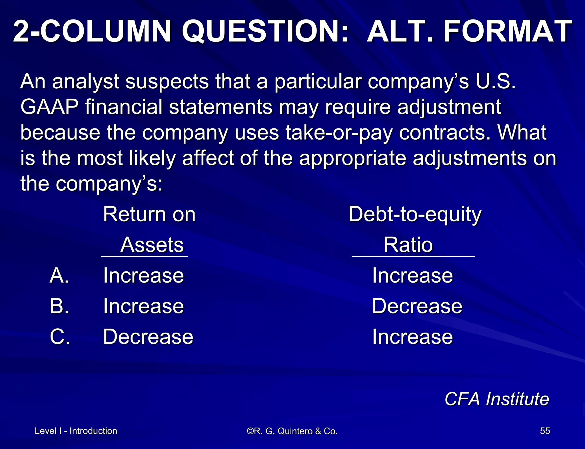Level I - Introduction ©R. G. Quintero & Co. 55
2-COLUMN QUESTION: ALT. FORMAT
An analyst suspects that a particular company’s U.S.
GAAP financial statements may require adjustment
because the company uses take-or-pay contracts. What
is the most likely affect of the appropriate adjustments on
the company’s:
Return on Debt-to-equity
Assets Ratio
A. Increase Increase
B. Increase Decrease
C. Decrease Increase
CFA Institute
 
