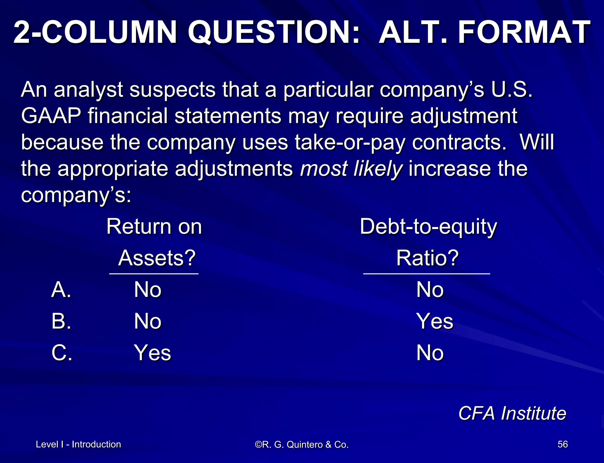 Level I - Introduction ©R. G. Quintero & Co. 56
2-COLUMN QUESTION: ALT. FORMAT
An analyst suspects that a particular company’s U.S.
GAAP financial statements may require adjustment
because the company uses take-or-pay contracts. Will
the appropriate adjustments most likely increase the
company’s:
Return on Debt-to-equity
Assets? Ratio?
A. No No
B. No Yes
C. Yes No
CFA Institute
 