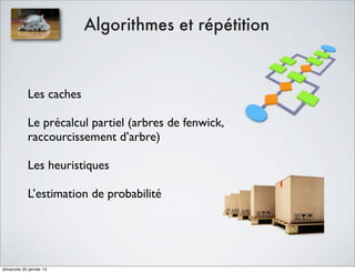 Algorithmes et répétition



            Les caches

            Le précalcul partiel (arbres de fenwick,
            raccourcissement d’arbre)

            Les heuristiques

            L’estimation de probabilité




dimanche 20 janvier 13
 