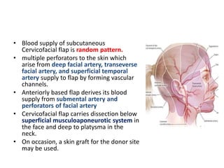 • Blood supply of subcutaneous
Cervicofacial flap is random pattern.
• multiple perforators to the skin which
arise from deep facial artery, transeverse
facial artery, and superficial temporal
artery supply to flap by forming vascular
channels.
• Anteriorly based flap derives its blood
supply from submental artery and
perforators of facial artery
• Cervicofacial flap carries dissection below
superficial musculoaponeurotic system in
the face and deep to platysma in the
neck.
• On occasion, a skin graft for the donor site
may be used.
 