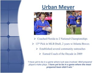 Urban Meyer




       Coached Florida to 2 National Championships
     13th Pick in MLB Draft, 2 years w/Atlanta Braves
         Established several community outreaches
            Earned Coach of the Decade in 2009

“I have yet to be in a game where luck was involved. Well-prepared
 players make plays. I have yet to be in a game where the most
                     prepared team didn't win.”
 
