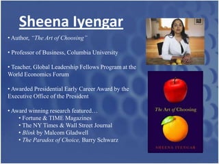 Sheena Iyengar
• Author, “The Art of Choosing”

• Professor of Business, Columbia University

• Teacher, Global Leadership Fellows Program at the
World Economics Forum

• Awarded Presidential Early Career Award by the
Executive Office of the President

• Award winning research featured…
    • Fortune & TIME Magazines
    • The NY Times & Wall Street Journal
    • Blink by Malcom Gladwell
    • The Paradox of Choice, Barry Schwarz
 