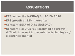 EPS as per the NASDAQ for 2013- 2016 
EPS growth at 12% thereafter 
Constant BETA of 0.71 (NASDAQ) 
Constant Re: 0.05763 (assumed no growth)- difficult to assert in the volatile technological/ electronics market 
ASSUMPTIONS  