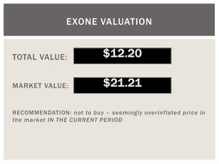 TOTAL VALUE: 
MARKET VALUE: 
RECOMMENDATION: not to buy – seemingly overinflated price in the market IN THE CURRENT PERIOD 
EXONE VALUATION  