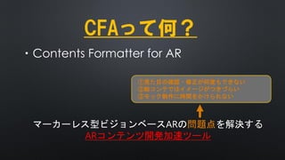 CFAって何？
・Contents Formatter for AR
マーカーレス型ビジョンベースARの問題点を解決する
ARコンテンツ開発加速ツール
①見た目の確認・修正が何度もできない
②絵コンテではイメージがつきづらい
③モック制作に時間をかけられない
 