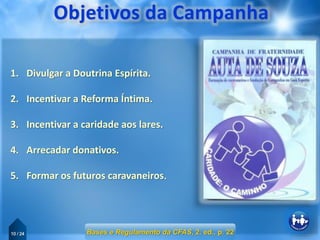 10 / 24
1. Divulgar a Doutrina Espírita.
2. Incentivar a Reforma Íntima.
3. Incentivar a caridade aos lares.
4. Arrecadar donativos.
5. Formar os futuros caravaneiros.
Bases e Regulamento da CFAS, 2. ed., p. 22
 