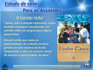 14 / 24
“Assim, ante a doação imprevista, a boa
vontade conseguiu transformar, um
colchão velho em alegria para alguns
pequeninos.
Lindos Casos da Campanha de Fraternidade Auta de Souza, p. 125
‘O Colchão Velho’
Entendi então que todas as
oportunidades de trabalho no bem
geram um sem número de frutos
inesperados e não nos convém retirar
de outrem a oportunidade de doar.”
 