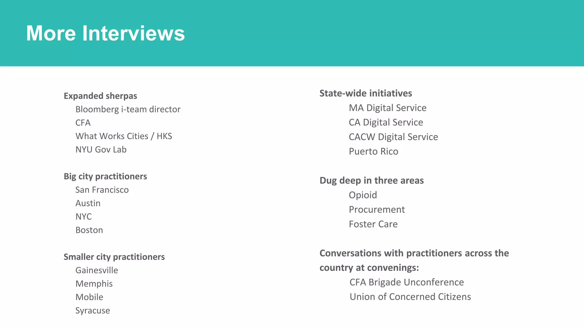 How should we find the work?
More Interviews
○ Expanded sherpas
■ Bloomberg i-team director
■ CFA
■ What Works Cities / HKS
■ NYU Gov Lab
○ Big city practitioners
■ San Francisco
■ Austin
■ NYC
■ Boston
○ Smaller city practitioners
■ Gainesville
■ Memphis
■ Mobile
■ Syracuse
○ State-wide initiatives
■ MA Digital Service
■ CA Digital Service
■ CACW Digital Service
■ Puerto Rico
○ Dug deep in three areas
■ Opioid
■ Procurement
■ Foster Care
○ Conversations with practitioners across the
country at convenings:
○ CFA Brigade Unconference
○ Union of Concerned Citizens
 