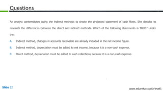 Slide 22 www.edureka.co/cfa-level1
Questions
An analyst contemplates using the indirect methods to create the projected statement of cash flows. She decides to
research the differences between the direct and indirect methods. Which of the following statements is TRUE? Under
the:
A. Indirect method, changes in accounts receivable are already included in the net income figure.
B. Indirect method, depreciation must be added to net income, because it is a non-cash expense.
C. Direct method, depreciation must be added to cash collections because it is a non-cash expense.
 