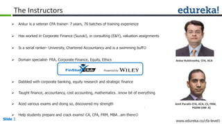 Slide 3 www.edureka.co/cfa-level1Slide 3
The Instructors
 Ankur is a veteran CFA trainer- 7 years, 70 batches of training experience
 Has worked in Corporate Finance (Suzuki), in consulting (E&Y), valuation assignments
 Is a serial ranker- University, Chartered Accountancy and is a swimming buff
 Domain specialist- FRA, Corporate Finance, Equity, Ethics
 Dabbled with corporate banking, equity research and strategic finance
 Taught finance, accountancy, cost accounting, mathematics…know bit of everything
 Aced various exams and doing so, discovered my strength
 Help students prepare and crack exams! CA, CFA, FRM, MBA…am there
Amit Parakh-CFA, ACA, CS, FRM,
PGDM (IIM A)
Ankur Kulshrestha, CFA, ACA
Powered by
 
