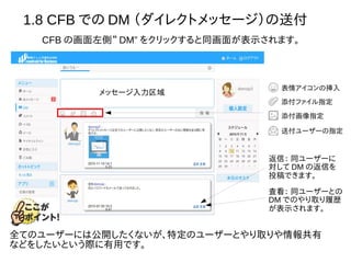 1.8 CFB での DM （ダイレクトメッセージ）の送付
CFB の画面左側“ DM” をクリックすると同画面が表示されます。
返信： 同ユーザーに
対して DM の返信を
投稿できます。
査看： 同ユーザーとの
DM でのやり取り履歴
が表示されます。
表情アイコンの挿入
添付ファイル指定
添付画像指定
送付ユーザーの指定
メッセージ入力区域
全てのユーザーには公開したくないが、特定のユーザーとやり取りや情報共有
などをしたいという際に有用です。
 