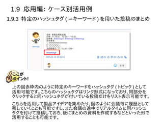 1.9 応用編： ケース別活用例
1.9.3 特定のハッシュタグ ( ＝キーワード ) を用いた投稿のまとめ
上の図赤枠内のように特定のキーワードをハッシュタグ ( トピック ) として
活用可能です。こちらのハッシュタグはリンク形式になっており、同部分を
クリックすると同ハッシュタグが付いている投稿だけをリスト表示可能です。
こちらを活用して製品アイデアを集めたり、図のように会議毎に履歴として
残していくことも可能ですし、また会議の途中でリアルタイムに同ハッシュ
タグを付けて投稿しておき、後にまとめの資料を作成するなどといった形で
活用することも可能です。
 