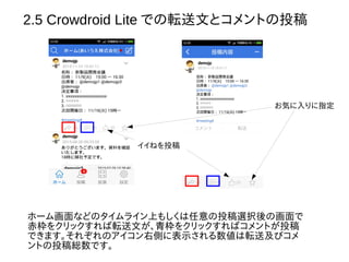 2.5 Crowdroid Lite での転送文とコメントの投稿
ホーム画面などのタイムライン上もしくは任意の投稿選択後の画面で
赤枠をクリックすれば転送文が、青枠をクリックすればコメントが投稿
できます。それぞれのアイコン右側に表示される数値は転送及びコメ
ントの投稿総数です。
お気に入りに指定
イイねを投稿
 